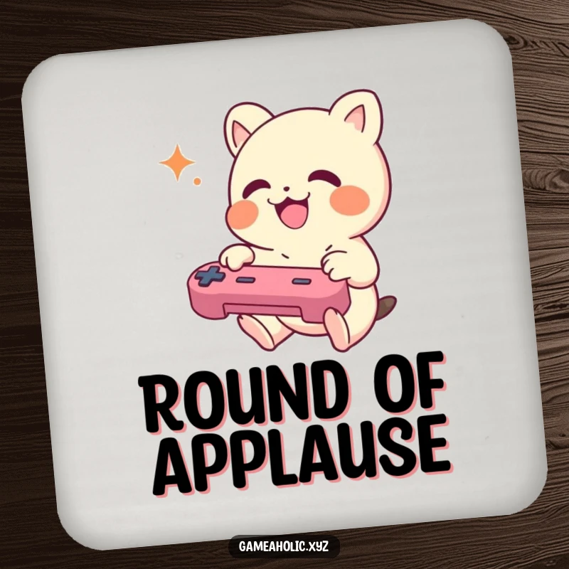 Funny Coaster depicting a small creature joyfully mashing game controller buttons, protecting surfaces.