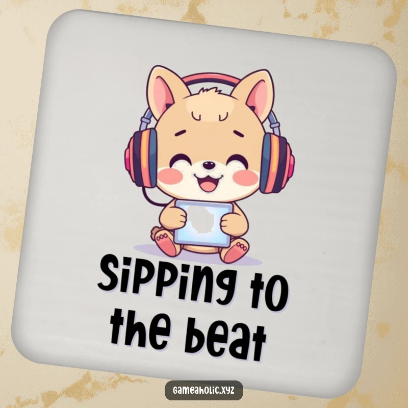 Funny Coaster: A happy animal wears headphones, immersed in a glowing screen with focus.