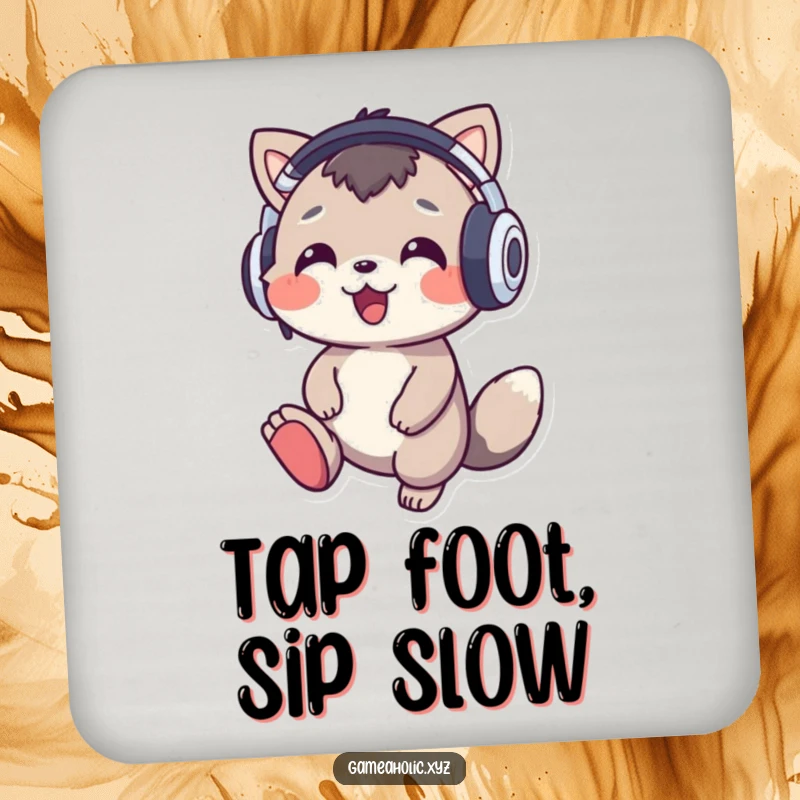 Funny music animal coaster with a cheerful character wearing oversized headphones tapping its foot to music, adding musical humor.