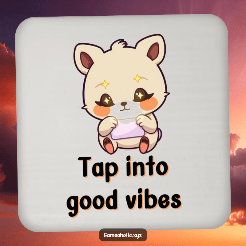 Funny drink coaster set featuring a stylized animal with starry eyes, frantically tapping a glowing screen, for home.