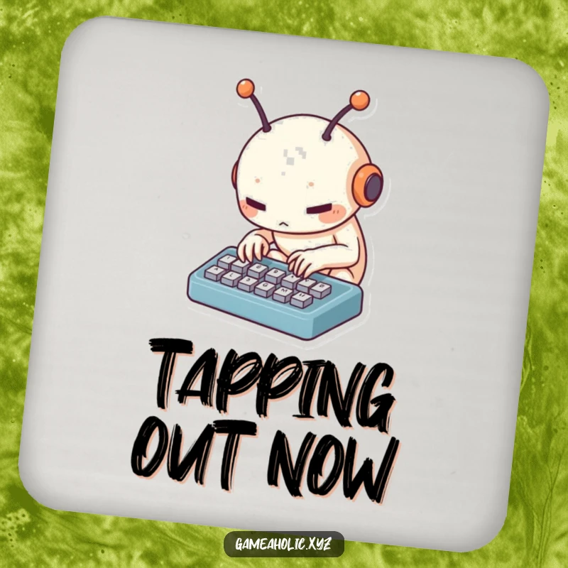 Funny alien keyboard coaster with a small creature with antennae tapping furiously on a tiny keyboard, adding tech humor and surface protection.