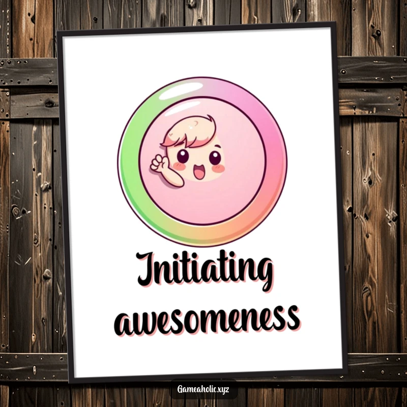 Funny Poster showing a small character pressing a big, colorful button with great enthusiasm, symbolizing decision and fun.