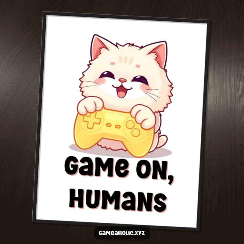 Artistic print of a funny cat with paws on a glowing controller, grinning widely, perfect for gaming room decor.