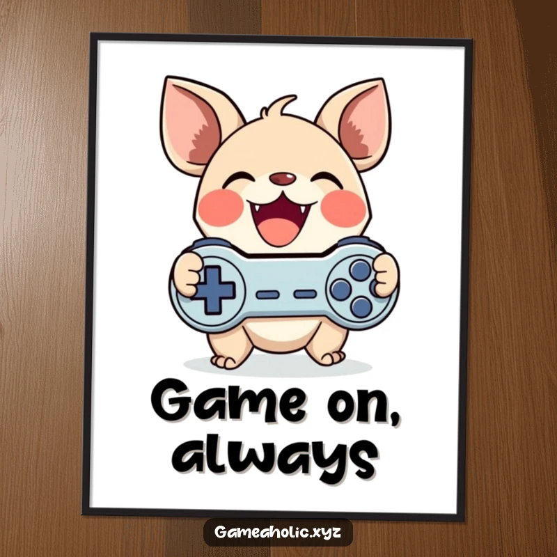 Funny gamer creature poster showing a cute character with large ears gleefully clutching a game controller, perfect for funny wall art.