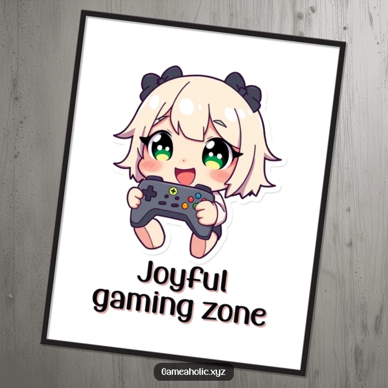 Funny poster featuring a character with wide, delighted eyes giggling while clutching a game controller, capturing the ecstasy of gaming.