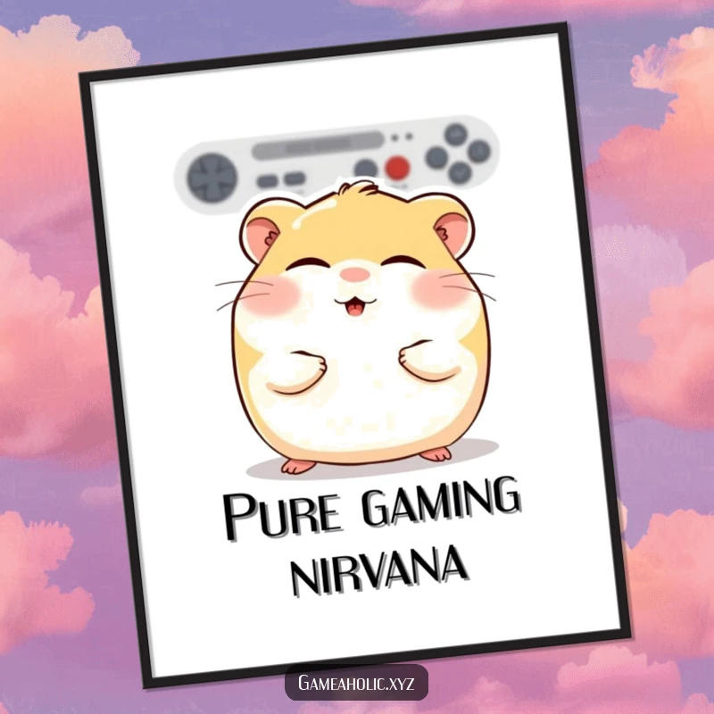 Artistic print of a round hamster with rosy cheeks, eyes closed in gaming bliss, perfect for cozy decor.