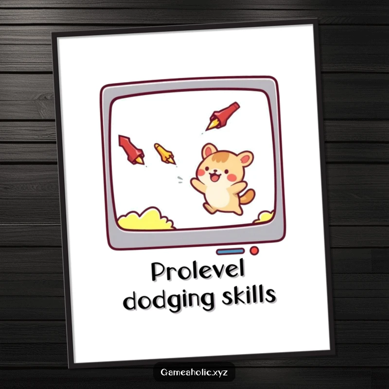 Funny poster art of a cute animal character expertly dodging falling projectiles on a digital screen, adding humor to any room.