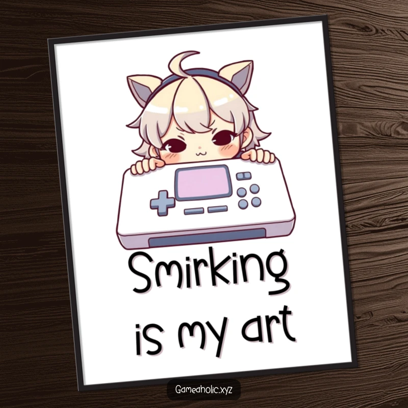 Funny poster depicting a character peeking over a large console with a mischievous smirk, adding a touch of playful intrigue.