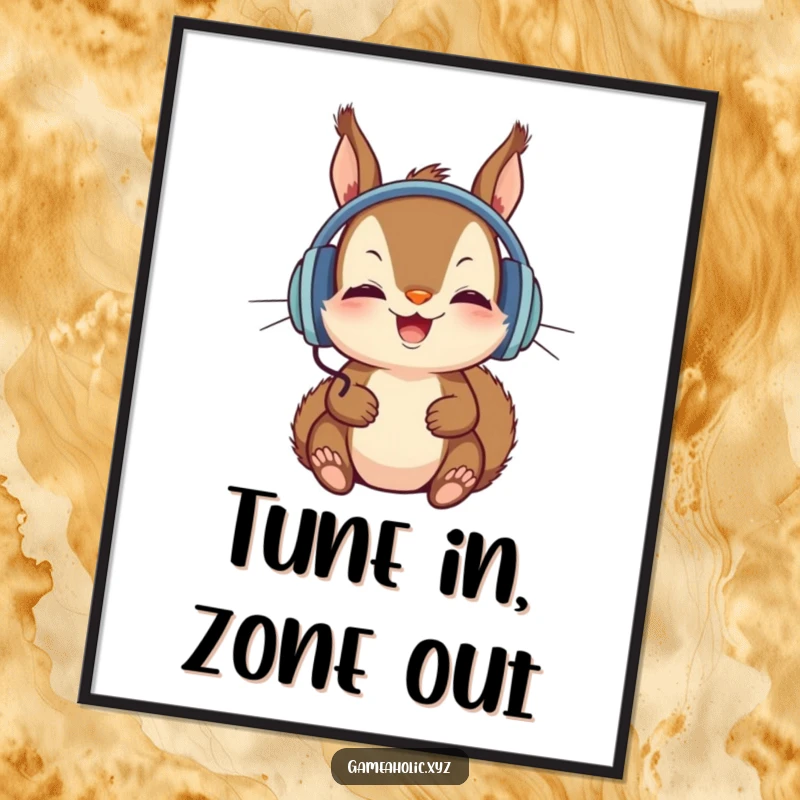 Funny Poster of a squirrel in large headphones, staring intently at a screen, perfect for humorous decor.