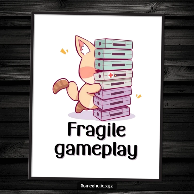 Funny tripping gamer poster illustrating a clumsy animal character comically falling while carrying a pile of video game cartridges.