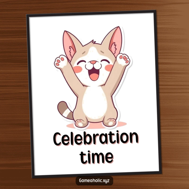 Funny Poster: A character humorously celebrating a win with paws raised in the air, perfect for triumphant wall decor.