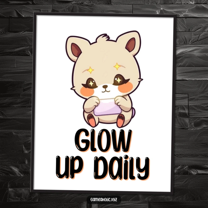 Funny poster print of a stylized animal with starry eyes, frantically tapping a glowing screen, for wall decor.