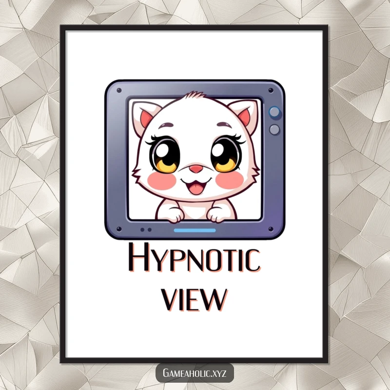 Funny Poster: Creature with big, happy eyes, fixated on a screen, embodying intense gaming focus.