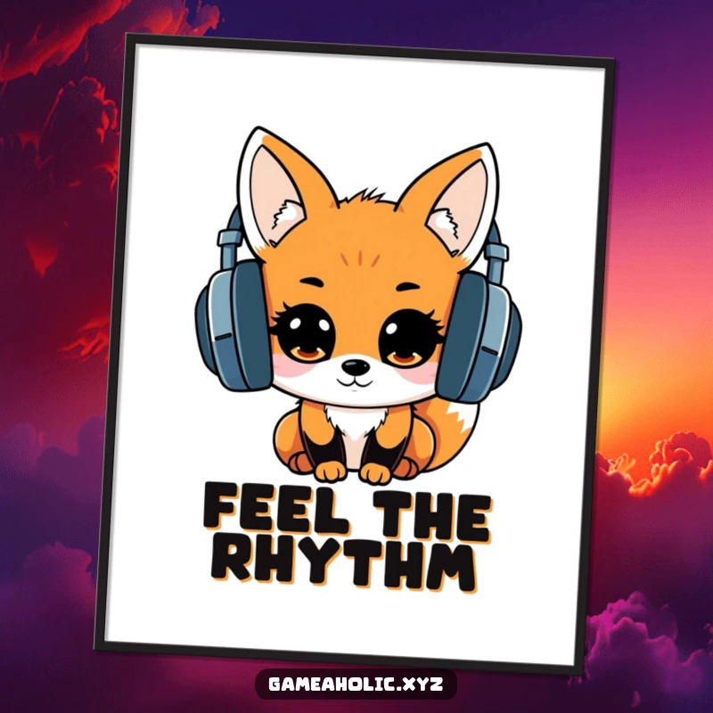 Artistic print of a kawaii fox wearing large headphones, eyes sparkling with excitement, perfect for music-themed decor.