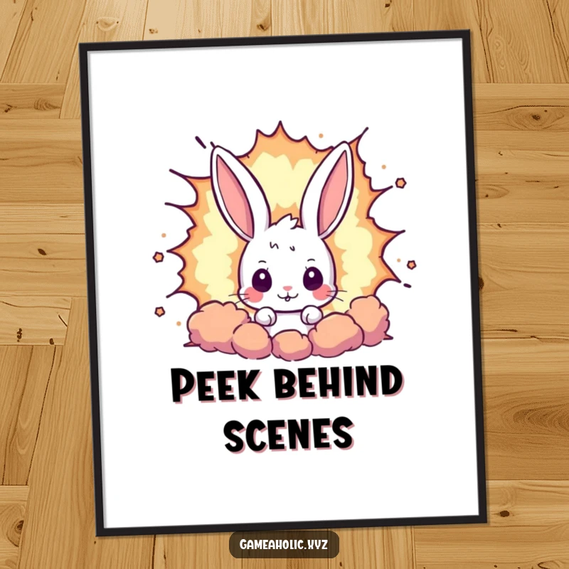 Funny rabbit poster showcasing a curious bunny peeking from a large pixelated explosion, ideal for retro gaming enthusiasts and unique decor.