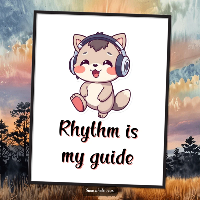 Funny music animal poster showing a cheerful character with oversized headphones tapping its foot to music, adding vibrant energy.