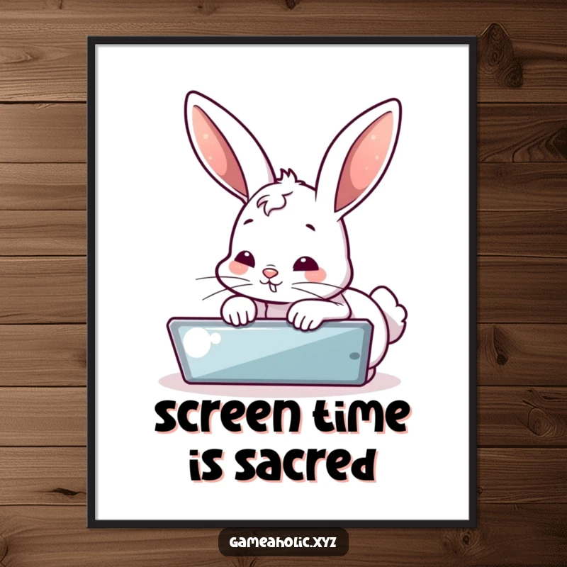 Funny poster depicting a bubbly bunny leaning forward, captivated by a screen, making a humorous statement. An ideal funny gift.