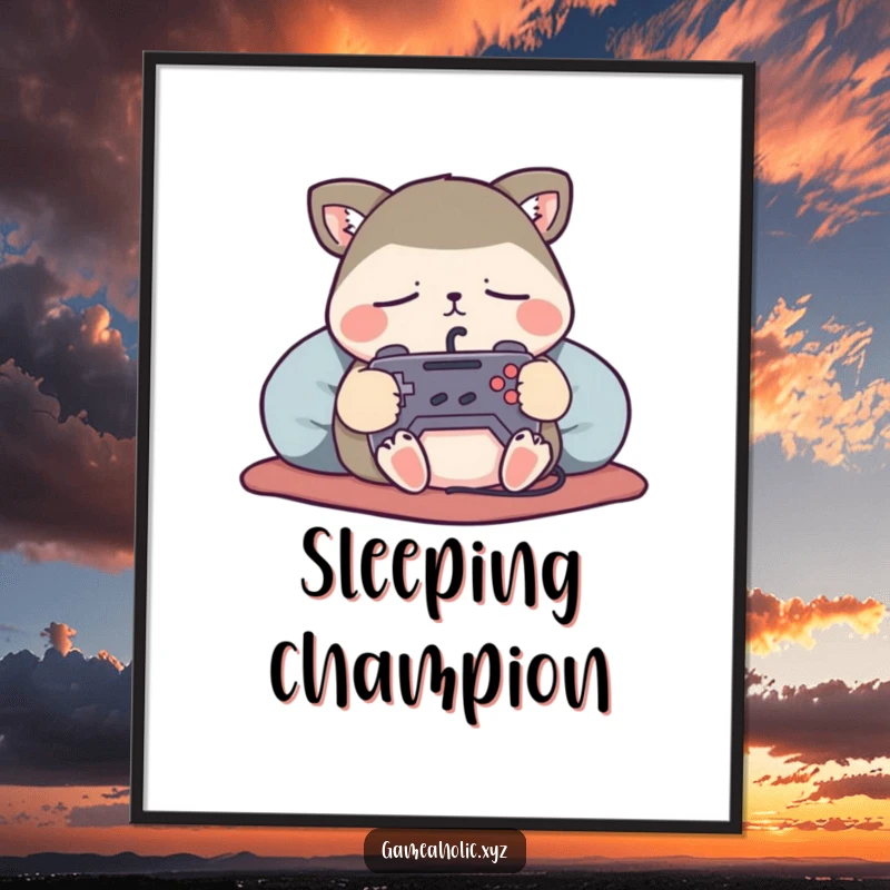 Funny Poster of a content animal character sleeping soundly, holding a tiny game controller, perfect for a peaceful gaming atmosphere.