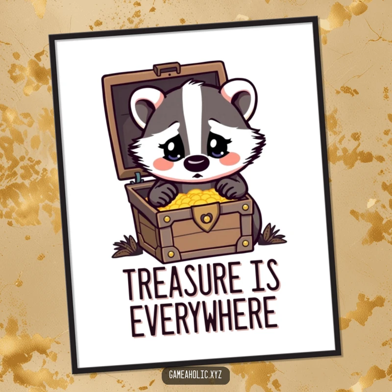 Funny Poster print of a surprised badger with heart eyes looking at a treasure chest, adding quirky decor.