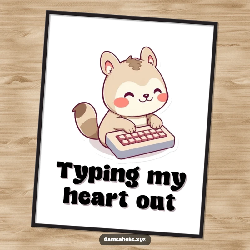 Funny Poster of a happy animal typist with a huge grin, working diligently on a very small keyboard, a symbol of modern work.