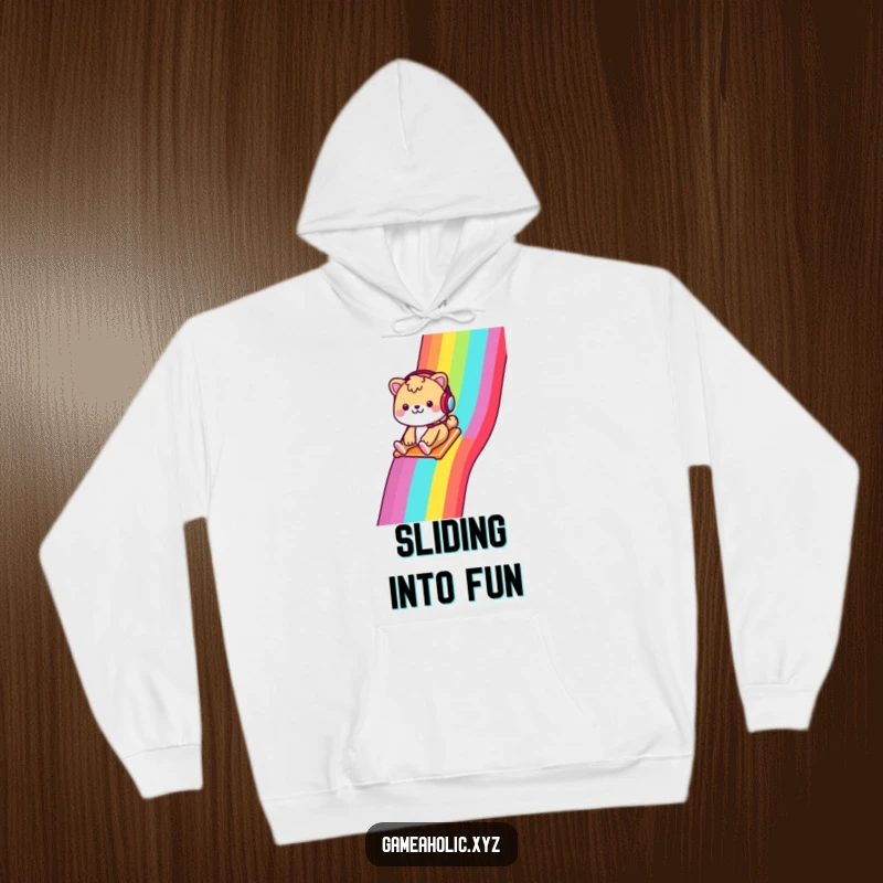 Funny hoodie showcasing a cheerful animal with a headset, sliding down a rainbow pixelated slide, cozy wear.