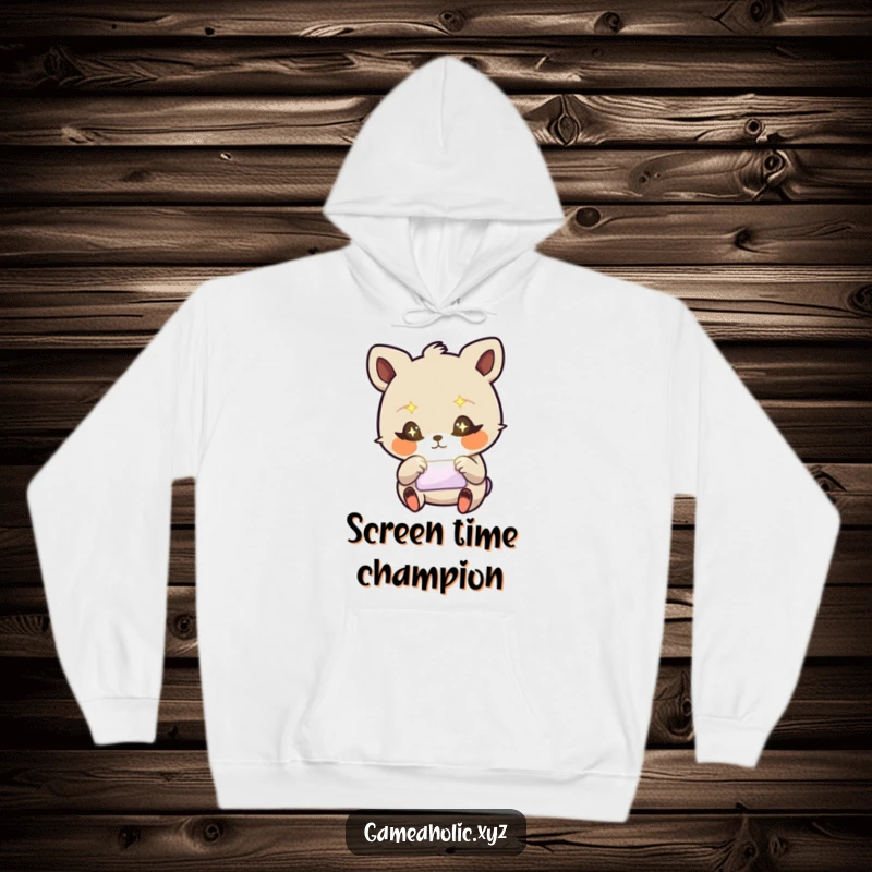 Funny hoodie featuring a stylized animal with starry eyes, frantically tapping a glowing screen, ideal for warmth.