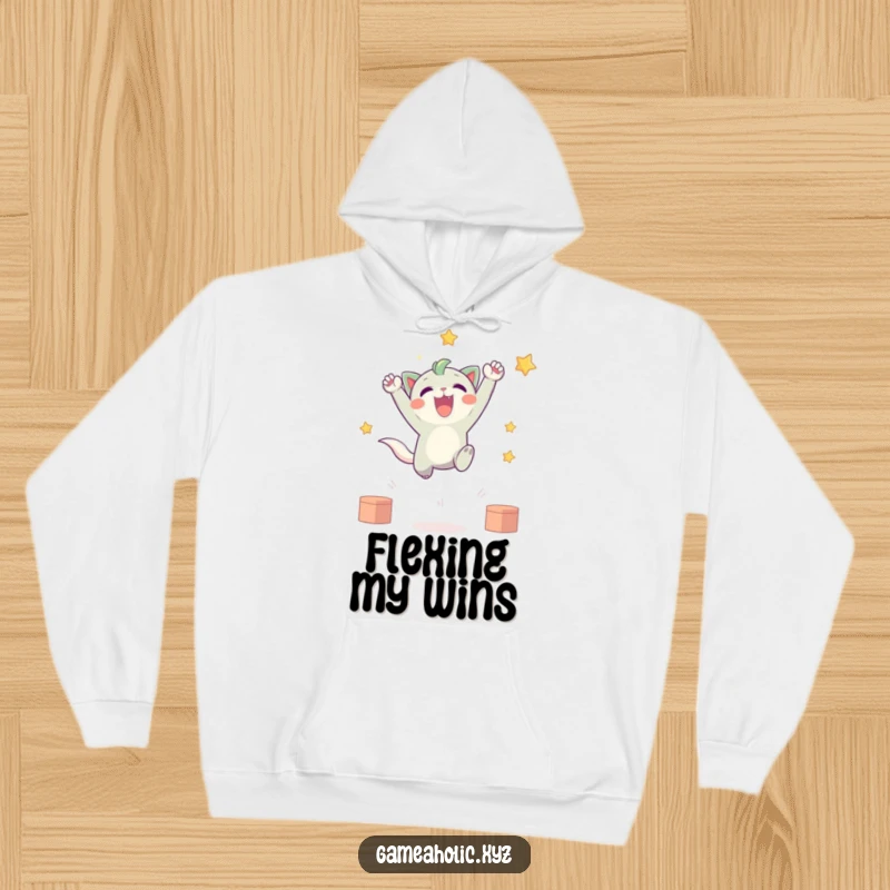 Funny hoodie showcasing a cute creature leaping with immense joy, celebrating a virtual victory, embodying the ultimate gamer's triumphant moment.