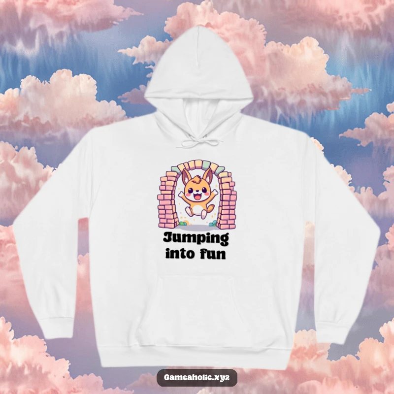 Funny Hoodie featuring an excited animal character leaping through a portal made of colorful, dynamic pixels, symbolizing exciting journeys.