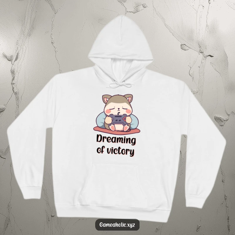 Funny Hoodie featuring a content animal character sleeping soundly, holding a tiny game controller, for ultimate cozy gaming vibes.