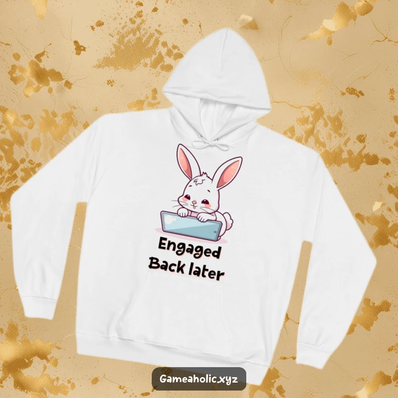 Funny hoodie featuring a cute, bubbly bunny engrossed in a digital screen, perfect for cozy gaming or browsing. A top funny gift.