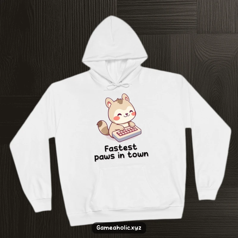 Funny Hoodie featuring a grinning animal character intensely typing on a tiny keyboard, perfect for cozy coding sessions.