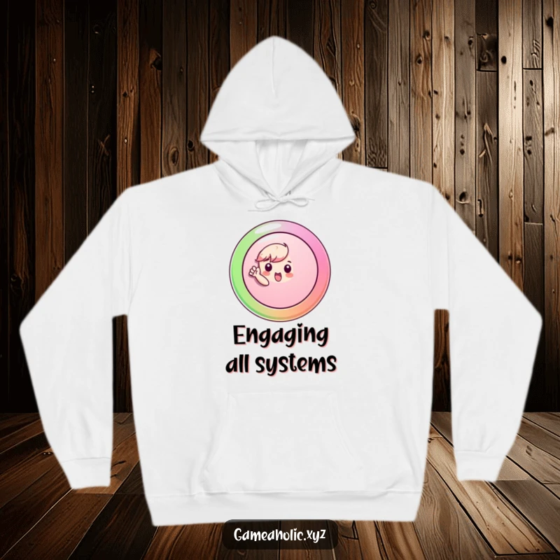 Funny Hoodie featuring a small character excitedly pressing a large, colorful button, embodying fun and initiative.