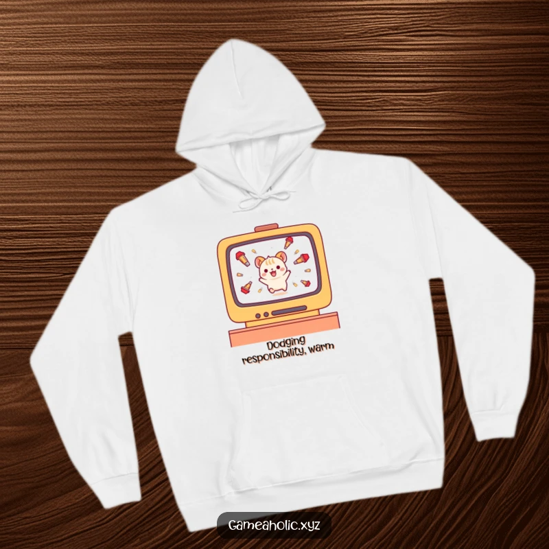 Funny small animal character hoodie, skillfully dodging falling projectiles on a screen with a happy expression.