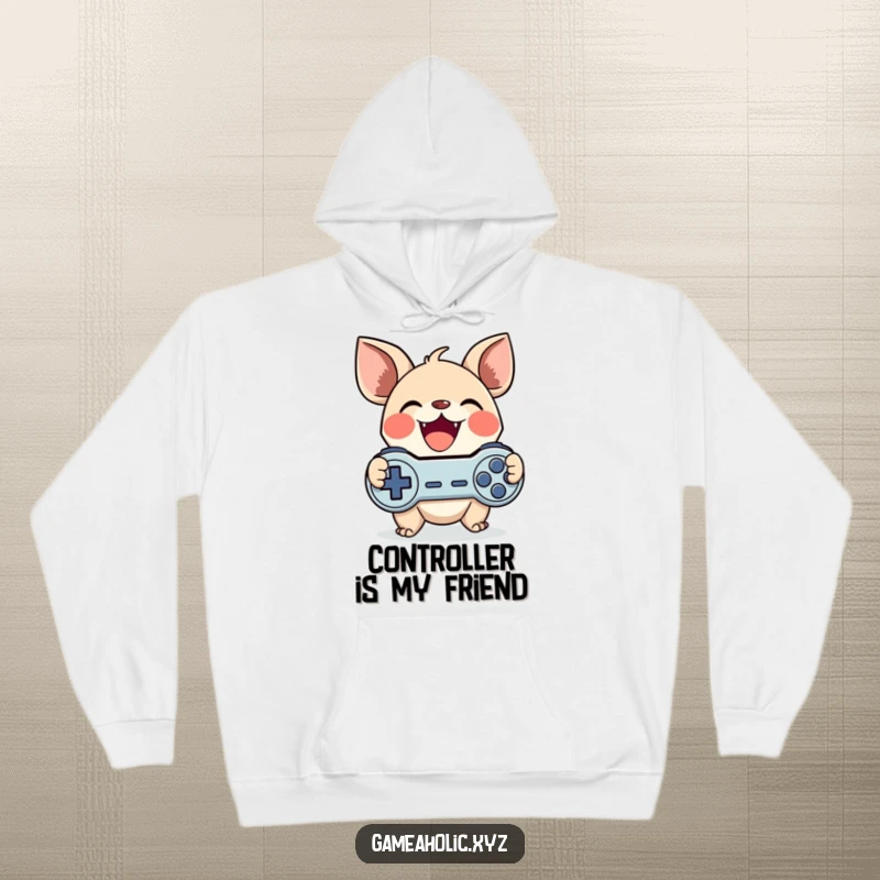 Funny gamer creature hoodie showing a cute character with large ears gleefully clutching a game controller, ideal funny gift.