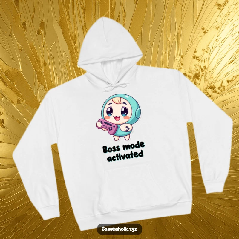 Funny Hoodie: Round character with wide, happy eyes, excitedly holding a game controller, ideal for cozy gaming.