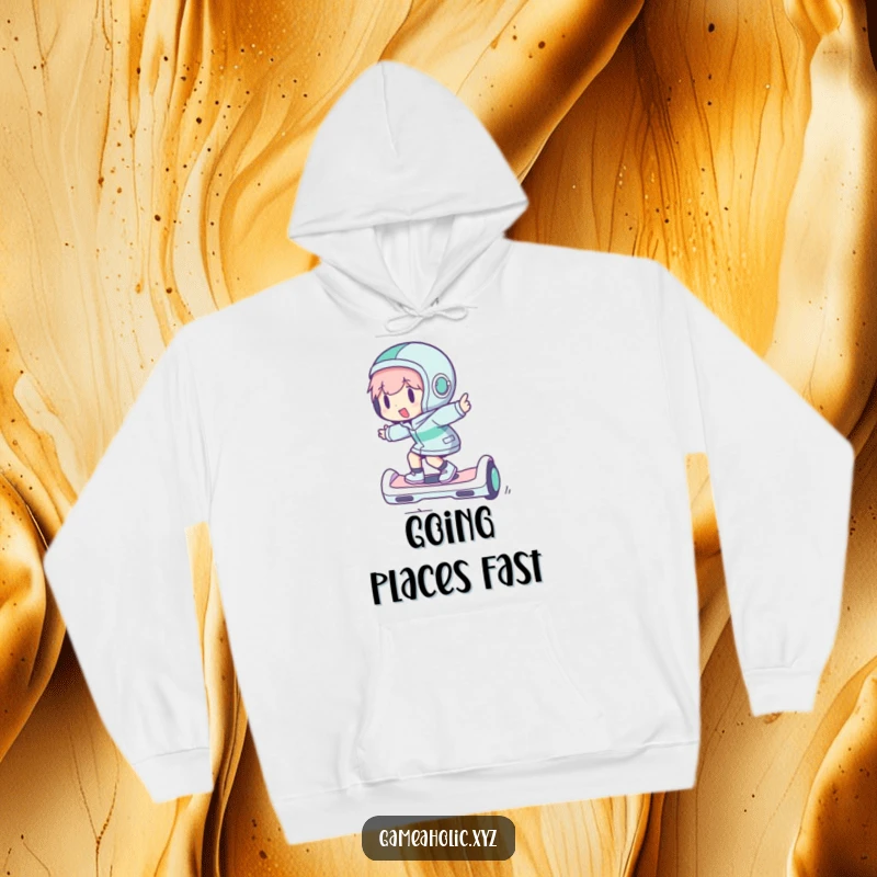 Funny hoodie showcasing a character gleefully riding a hoverboard, perfect for staying warm and stylish on the go.