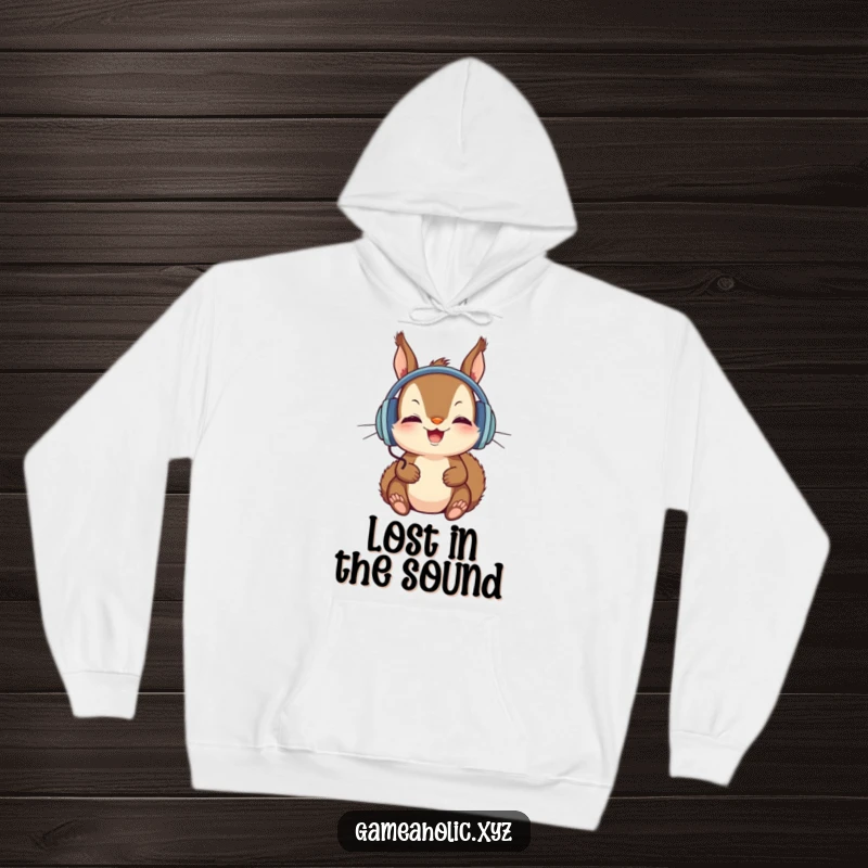 Funny Hoodie featuring a squirrel wearing large headphones, intensely focused on a screen, ideal for comfort and humor.