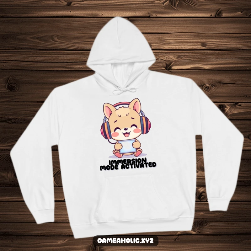 Funny Hoodie: A happy animal wears headphones, immersed in a glowing screen with delight.