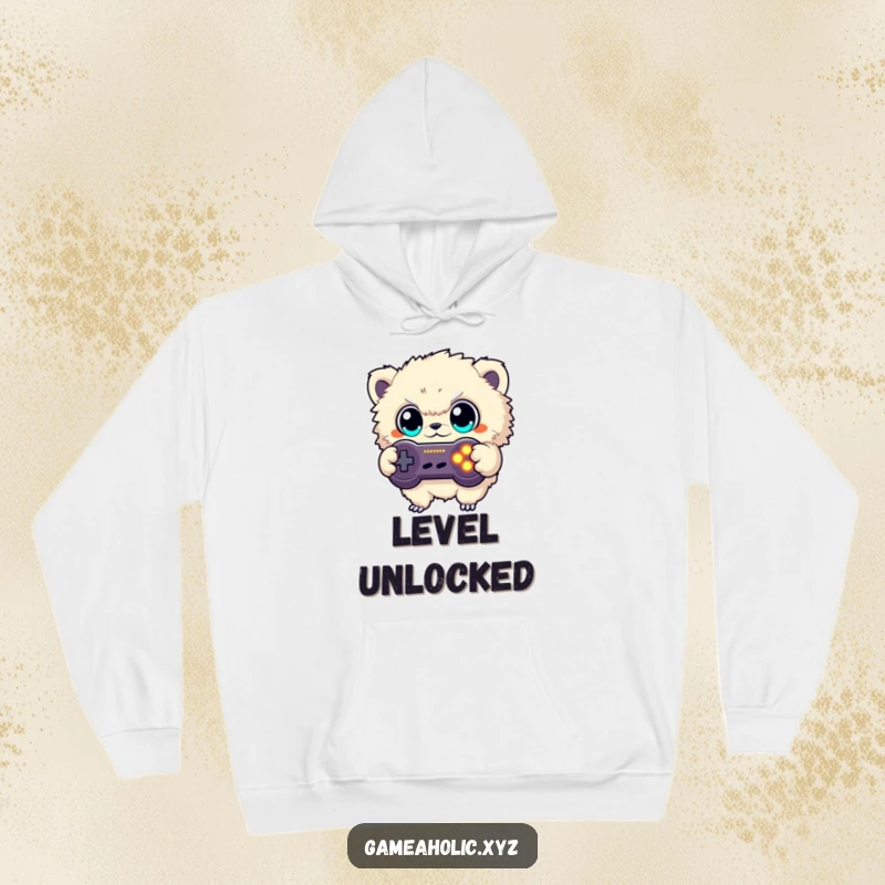 Funny hoodie with a fuzzy creature intensely button mashing a glowing game controller, perfect for cozy, humorous gaming sessions.