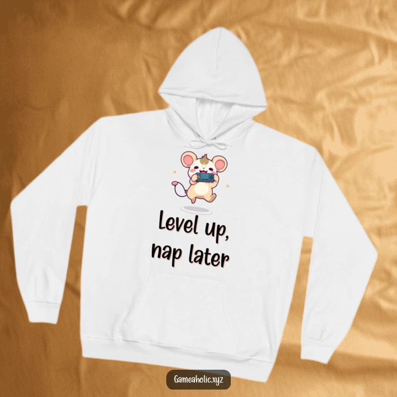 Funny hoodie showcasing a cute creature with round ears, leaping joyfully while holding a game controller, cozy apparel.