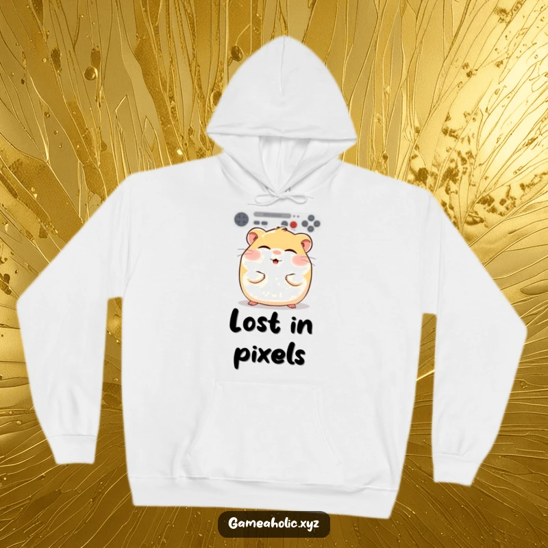 Fluffy round hamster with rosy cheeks, eyes closed in gaming bliss, featured on a warm hoodie, perfect for cozy gamers.