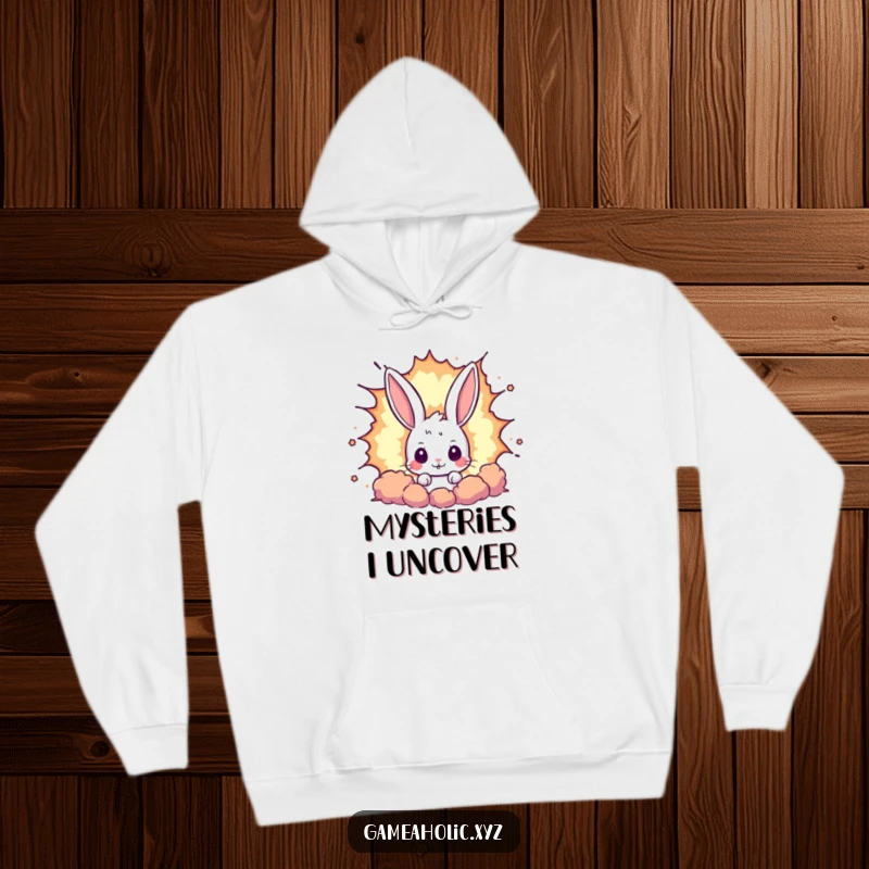 Funny rabbit hoodie with a curious bunny peeking from a massive pixelated explosion, ideal for cozy gaming sessions and geeky vibes.