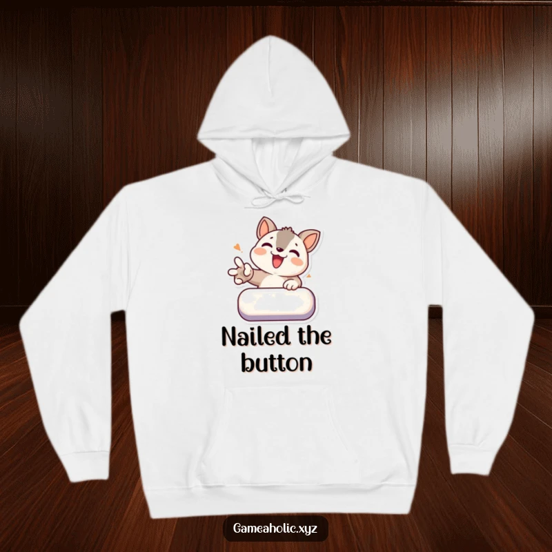 Funny hoodie with a determined animal character joyfully smashing a virtual button, perfect for gaming.