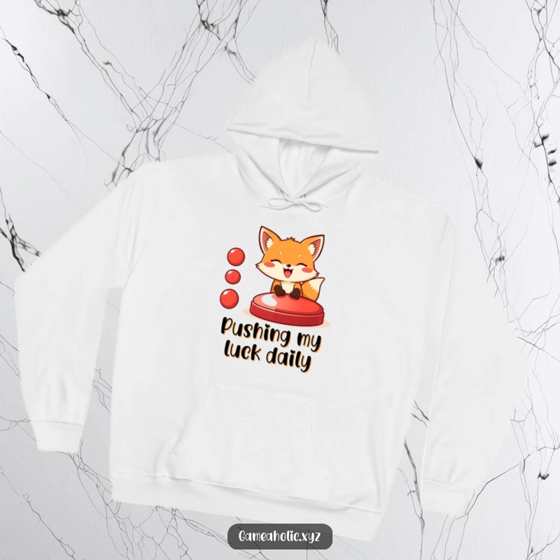 Funny fox hoodie featuring a happy fox about to press a huge red button, conveying excitement and a playful, humorous mood.