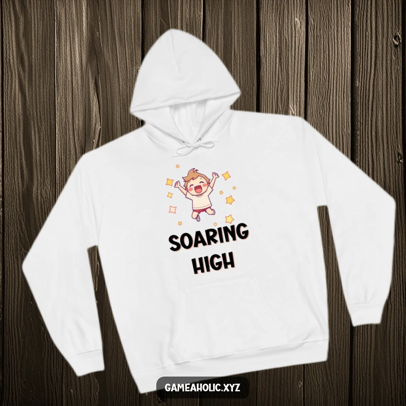 Funny Hoodie: Character leaping joyfully, surrounded by pixelated stars, ideal for celebrating gaming wins.