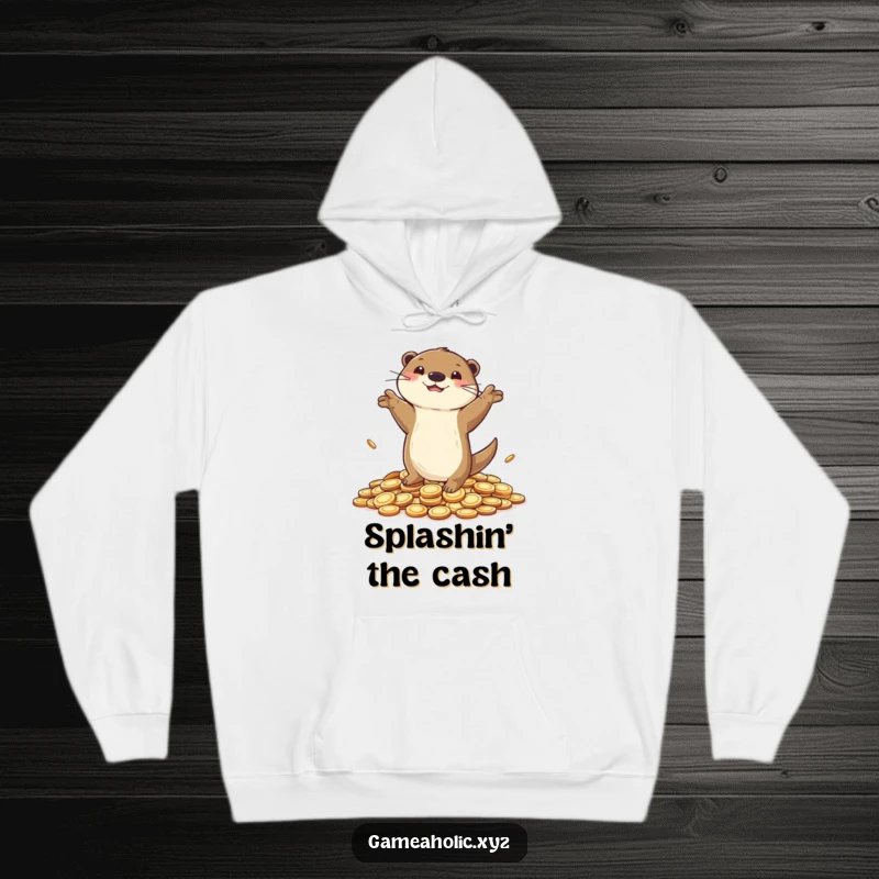 Funny Hoodie featuring a playful otter doing a victory dance on a pile of coins, ideal for champions.