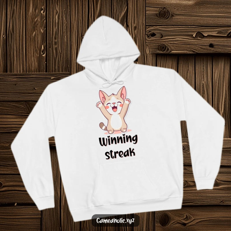 Funny Hoodie: A character with paws in the air, humorously celebrating a win, designed for cozy and triumphant comfort.