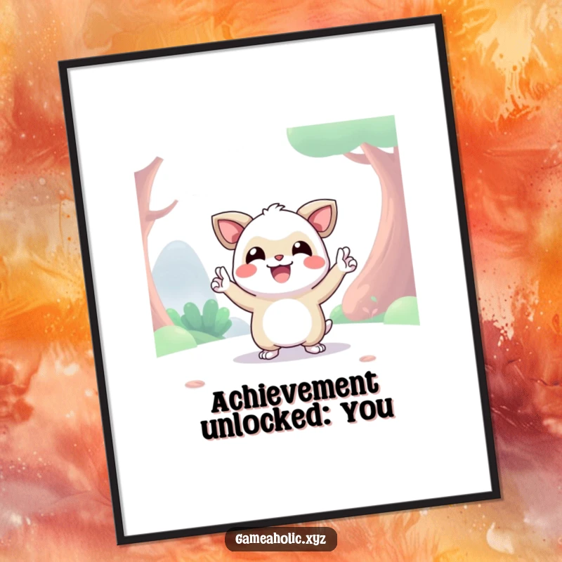 Funny Free Printable Wall Art of a gleeful digital creature striking an epic victory pose in a colorful, imaginative world.