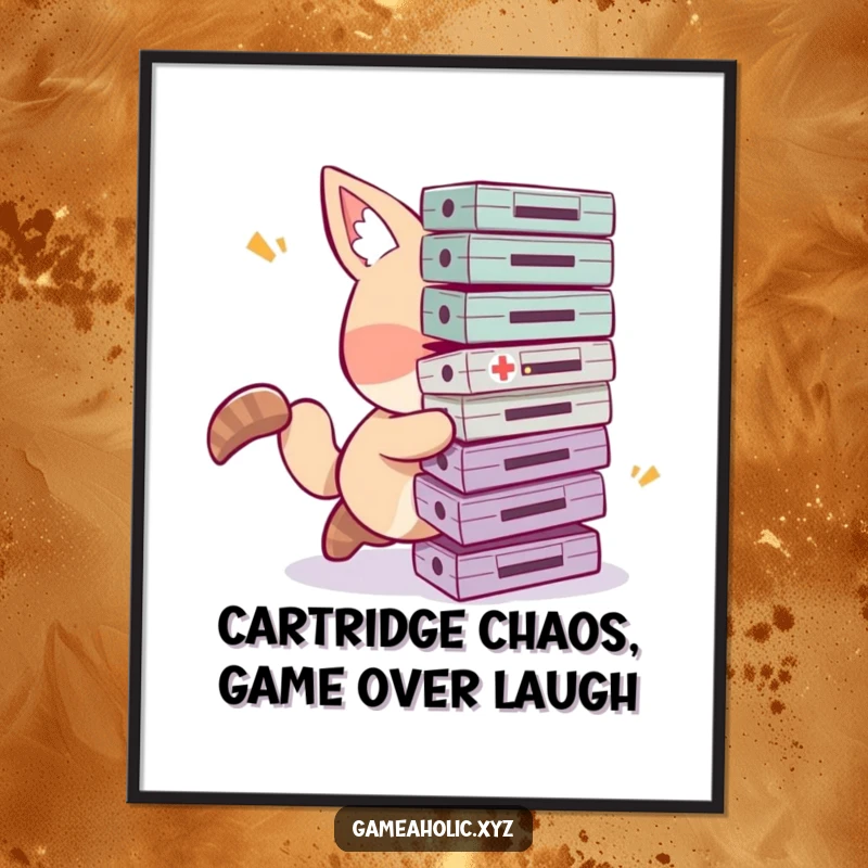 Funny free printable wall art depicting an animal character comically tripping and dropping a large pile of retro game cartridges, a gamer's struggle.