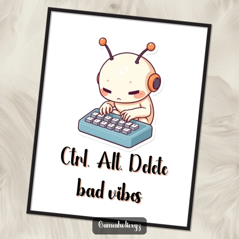 Funny Free Printable Wall Art: Small creature with antennae typing at lightning speed on a tiny keyboard, full of focus.
